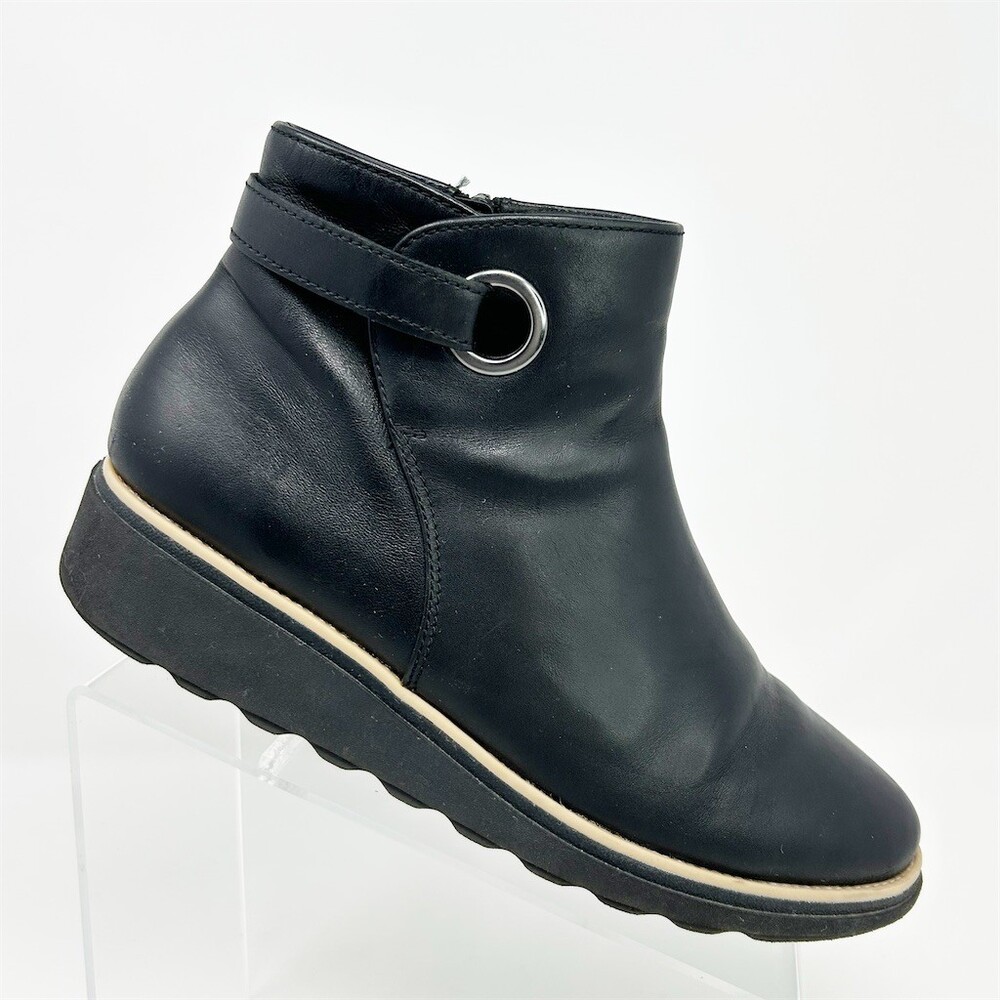Clarks Sharon Spring Womens Ankle Booties Black Wedge Side Zip Comfort Size 9